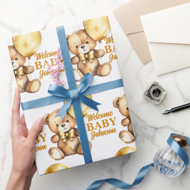 Welcome baby cute teddy bear gold balloon custom wrapping paper (Gifting)