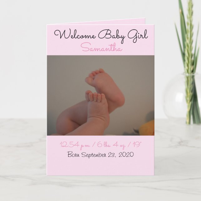 Welcome Baby Girl Birth Stats Photo Card (Front)