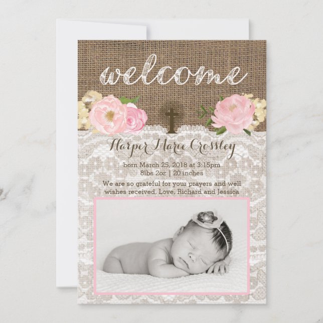 Welcome baby girl card with pink flowers and Cross (Front)