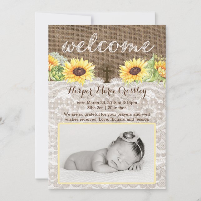 Welcome Baby Girl cards with Sunflowers and Burlap (Front)