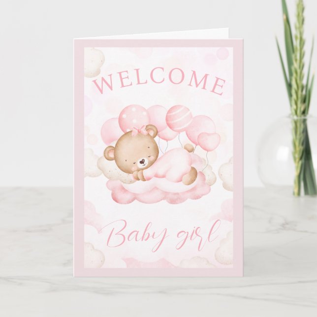 Welcome Baby Girl Custom Name Pink Bear Card (Front)