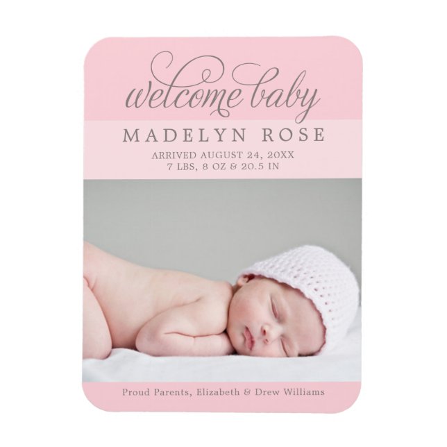 Welcome Baby Girl | Elegant Light Pink Photo Birth Magnet (Vertical)