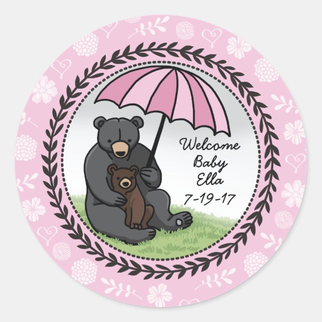 Welcome Baby Girl Mama Bear and Cub Personalised Classic Round Sticker (Front)