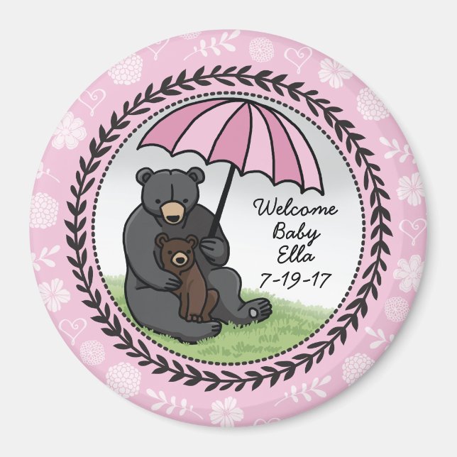 Welcome Baby Girl Mama Bear and Cub Personalised Magnet (Front)