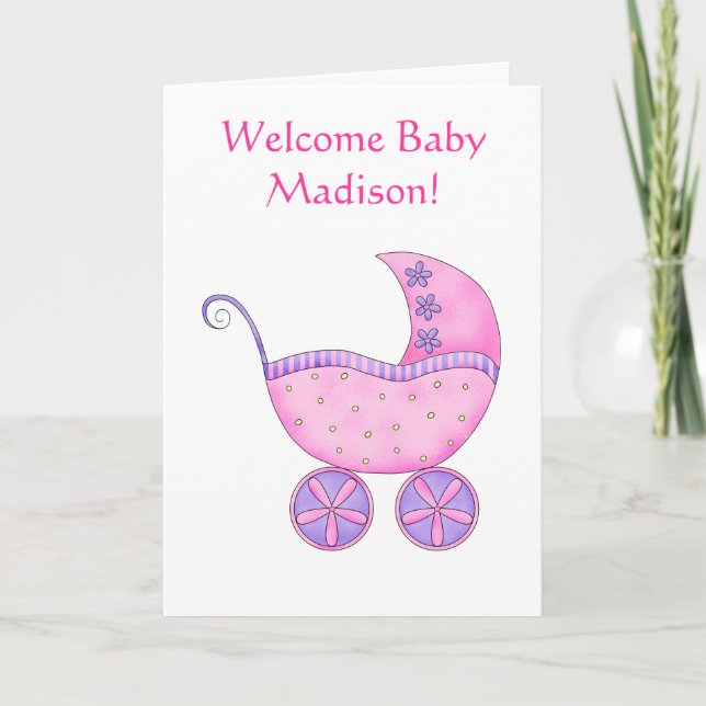Welcome Baby Girl Name Personalised Pink Buggy Card (Front)