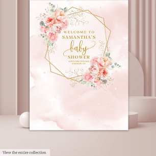 Welcome Baby Girl pale pink gold peonies backdrop Tapestry