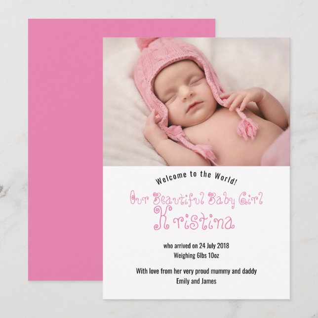 Welcome Baby Girl Photo Announcement Card (Front/Back)