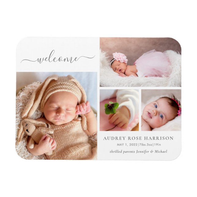 Welcome Baby Girl Photo Collage Birth Announcement Magnet (Horizontal)