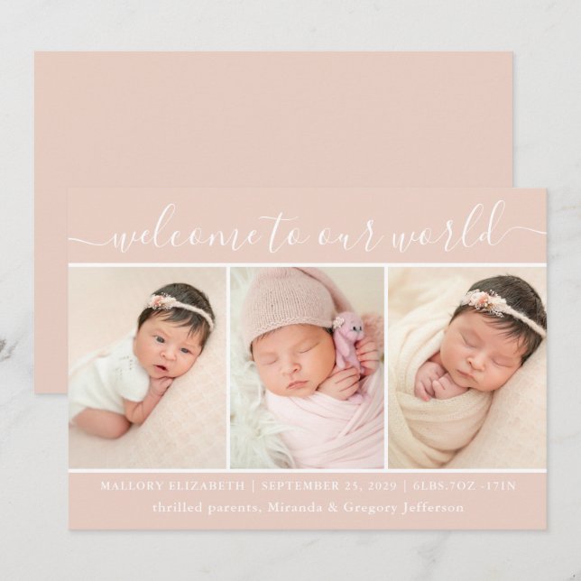 Welcome Baby Girl Photo Collage Blush Birth Announ Announcement (Front/Back)