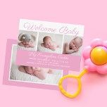 Welcome Baby Girl Photo Pretty Pink Cursive Script Enclosure Card<br><div class="desc">Welcome baby. A classic baby girl photo birth announcement in pretty pink with beautiful cursive typography above your sweet newborn photograph collage. Customise the back of this small note card with your favourite photo of your new infant for a lovely card.</div>