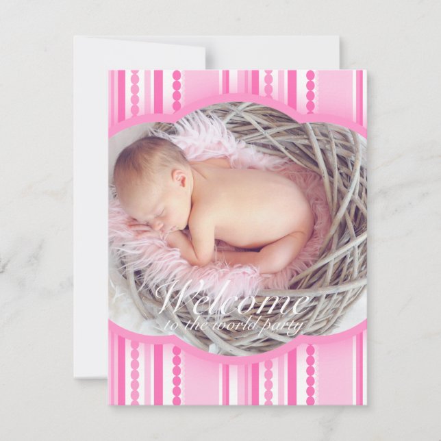 Welcome baby girl pink party photo invitation card (Front)