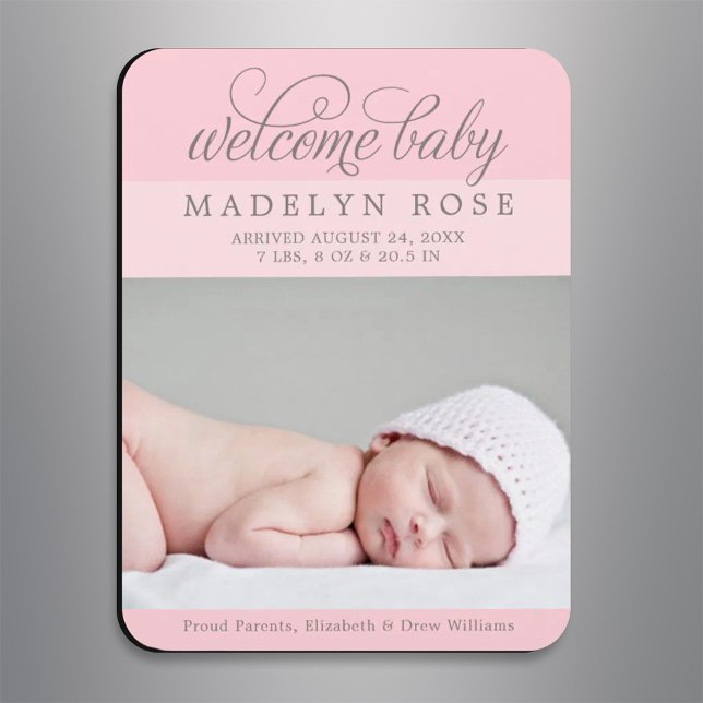 Welcome Baby Girl Pink Script Photo Birth Magnet (Creator Uploaded)
