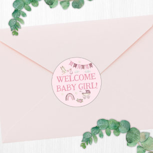 Welcome Baby Girl Sticker with Watercolor Stork