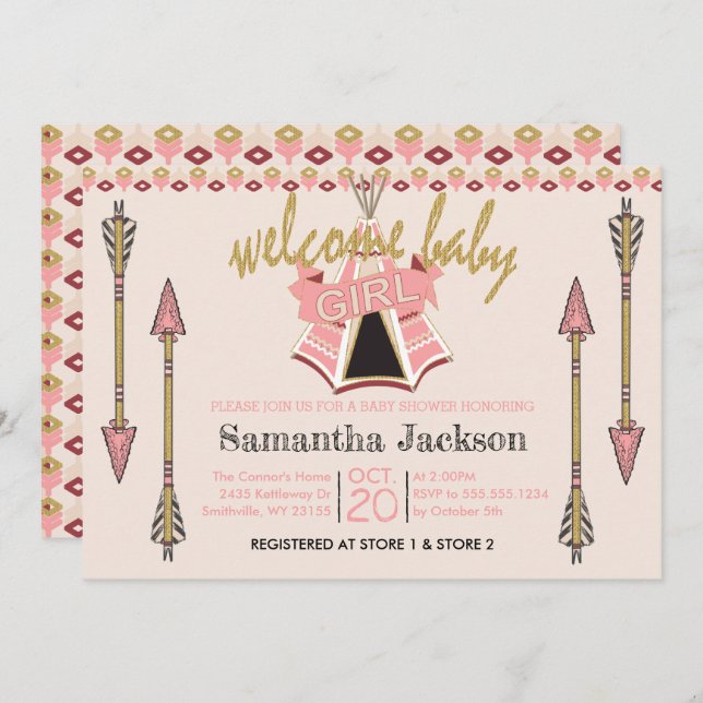 Welcome Baby Girl - Teepee and Arrows Invitation (Front/Back)