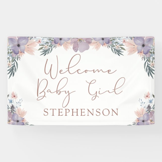Welcome Baby Girl Watercolor Floral Personalised Banner (Horizontal)