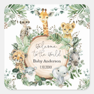 Welcome Baby Greenery Jungle Animals Favours Square Sticker
