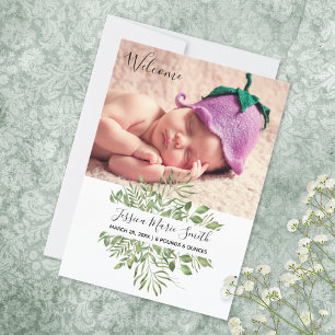 Welcome Baby Greenery Photo Birth Announcement