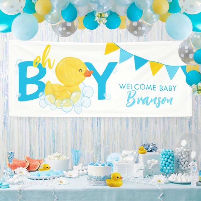 Welcome Baby Name Boy Rubber Duck Baby Shower Banner (Oh Boy Welcome Baby Name Rubber Duck Hanging Vinyl Baby Shower Banner)