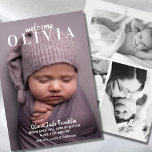 Welcome Baby Photo Collage Birth Announcement<br><div class="desc">This beautiful, modern "welcome" birth announcement features a full portrait photo with bold text for customising the name and birth details for your sweet new baby. Back side features a 4 photo black and white photo collage so you can fit in even more adorableness into your card! Share your happy...</div>