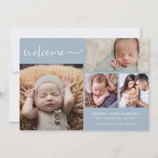 Welcome Baby Photo Collage Blue Birth Announcement (Front)