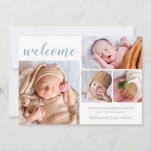 Welcome Baby Photo Collage Blue Birth Announcement