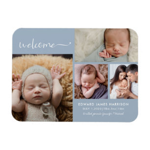 Welcome Baby Photo Collage Blue Birth Announcement Magnet