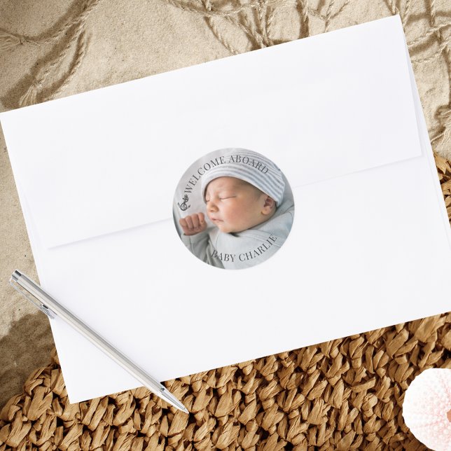 Welcome Baby Photo Envelope Seal (Welcome Aboard Envelope seal with personalized baby photo and name)