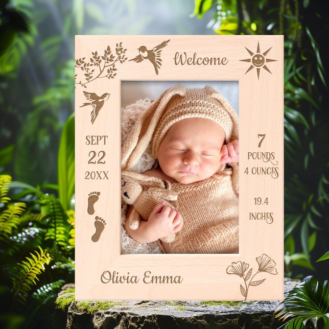 Welcome Baby Photo Etched Frames (Etched newborn baby picture frame featuring cute birds and flowers, tiny footsteps and sunshine)