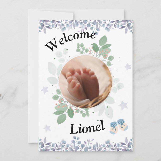 Welcome baby round photo boy thank you card (Front)