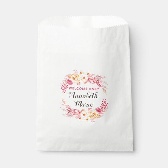 Welcome Baby Shabby Chic Rustic Floral Baby Shower Favour Bags (Front)