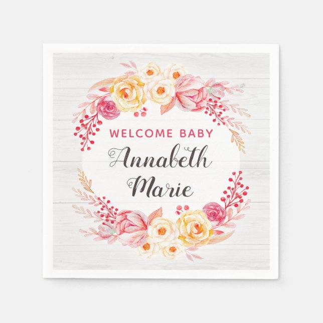 Welcome Baby Shabby Chic Rustic Floral Baby Shower Napkin (Front)