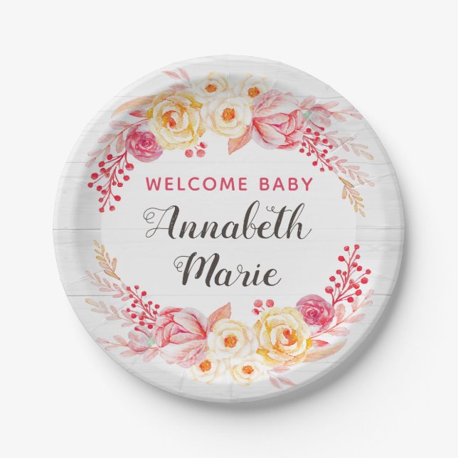 Welcome Baby Shabby Chic Rustic Floral Baby Shower Paper Plate (Front)