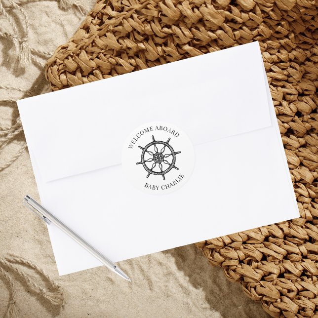 Welcome Baby Ship's Wheel Envelope Seal (Welcome Aboard Baby Announcement Envelope Seal with ship wheel hand drawing)