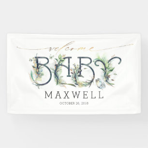 Welcome Baby Shower Gold Leaves Greenery Banner