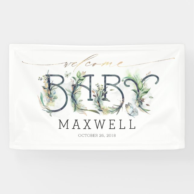 Welcome Baby Shower Gold Leaves Greenery Banner (Horizontal)