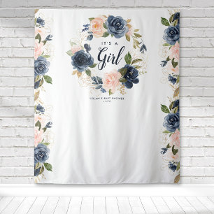 Welcome Baby Shower Navy Pink Floral Wreath Tapestry