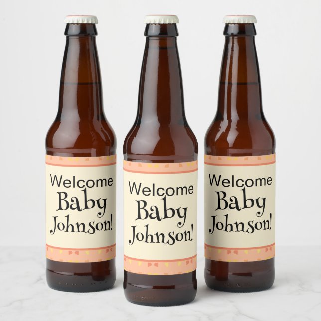 Welcome Baby Shower Peach Yellow Geometric Pattern Beer Bottle Label (Bottles)