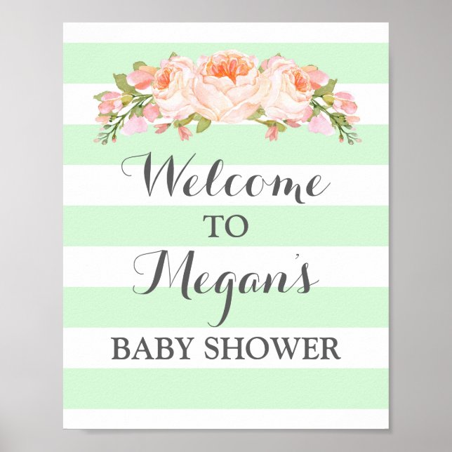 Welcome Baby Shower Sign Mint Flowers Stripes (Front)