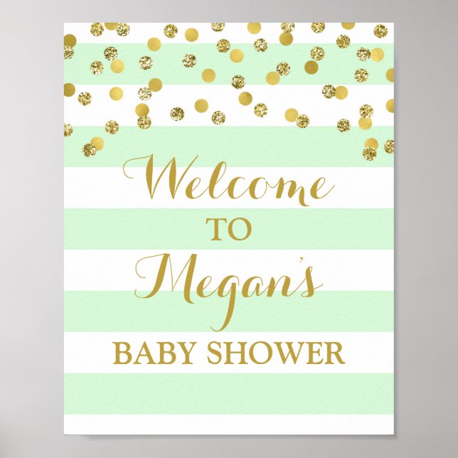 Welcome Baby Shower Sign Mint Stripe Gold Confetti (Front)