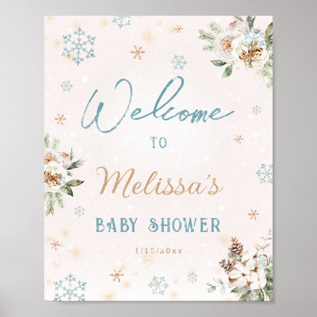 Welcome Baby Shower Winter Wonderland Snowflake Poster (Front)