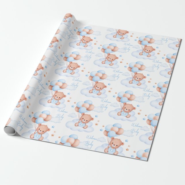 Welcome baby teddy bear on clouds baby shower wrapping paper (Unrolled)
