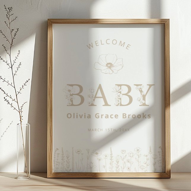 Welcome Baby Wildflower Baby Shower Neutral Taupe Poster (Welcome Baby Sign)