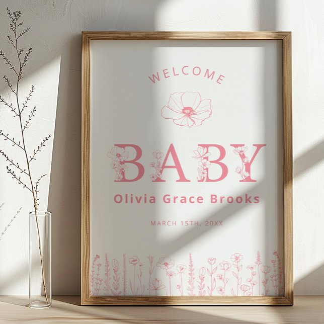 Welcome Baby Wildflower Baby Shower Poster Dusty P (Pink Baby Welcome Sign)