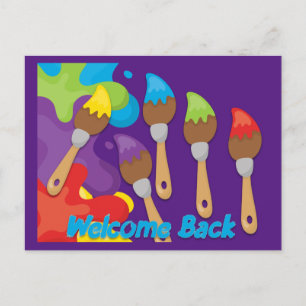 Welcome Back Paintbrushes Primary Colours Custom  Announcement Postcard