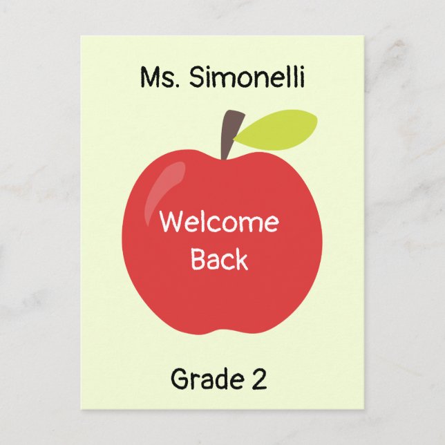 Welcome Back Red Apple with Teacher's Name Grade Postcard (Front)