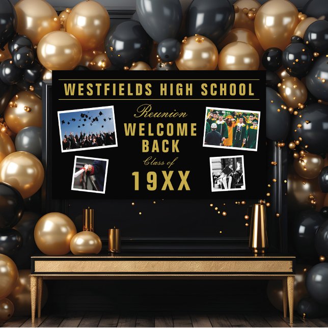 Welcome Back School Reunion Four Photo Collage Banner ('Welcome Back' School Reunion Modern 4 Snapshot Photo Collage Banner @ www.zazzle.com/color_therapy)