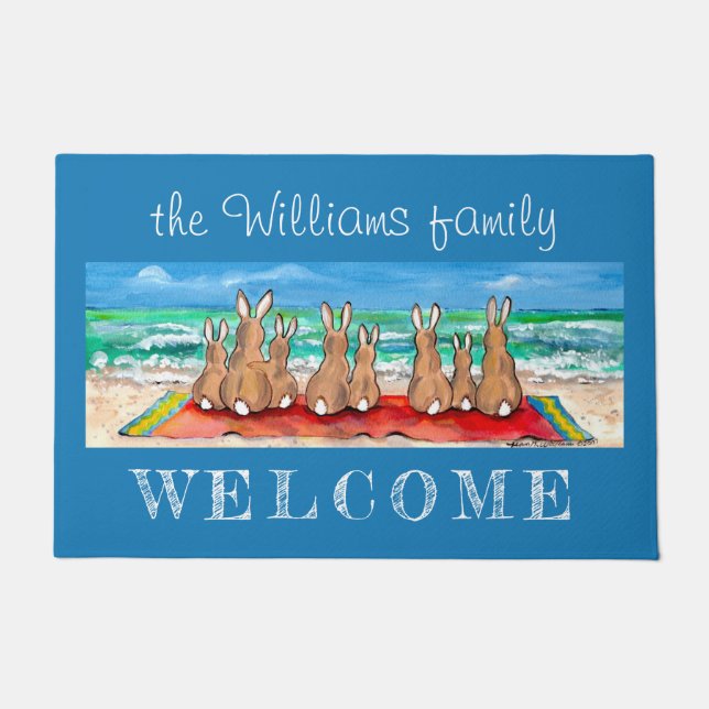 Welcome Beach House Bunny Rabbit Family Coastal  Doormat (Front)