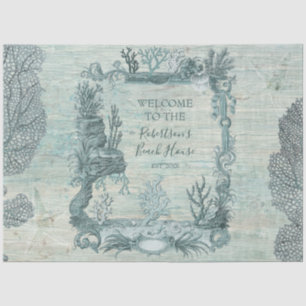 Welcome Beach House Coral Blue Wood Decoupage Tiss Tissue Paper