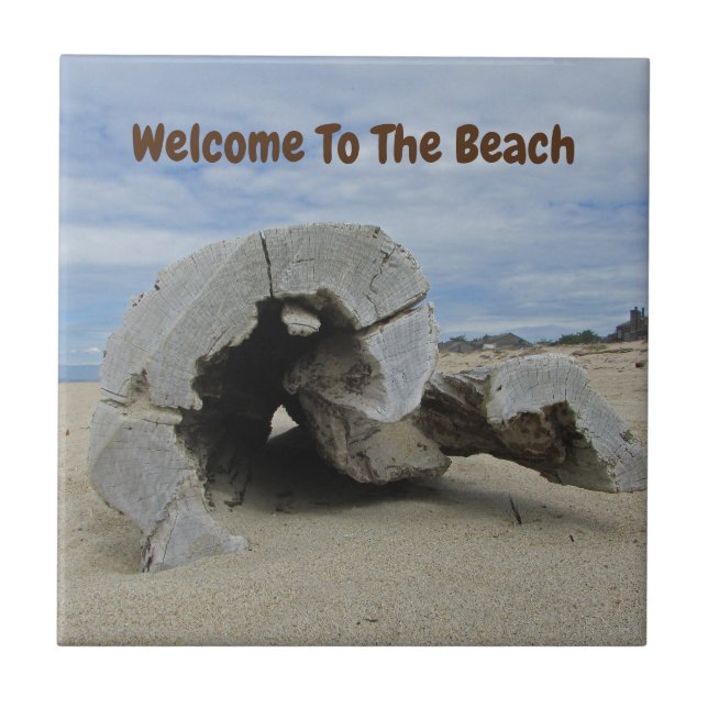 Welcome Beach House Driftwood Photo Pacific Ocean Tile (Front)