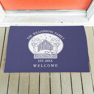 Welcome Beach House Family Name Blue and White Doormat